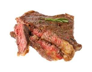 Delicious grilled beef steak with spices isolated on white