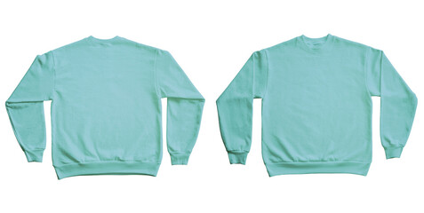 Blank Long Sleeve Sweatshirt Crewneck Color Teal Template Mockup Front and Back View on Transparent Background
