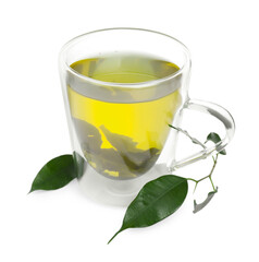 Fresh green tea in glass mug and leaves isolated on white