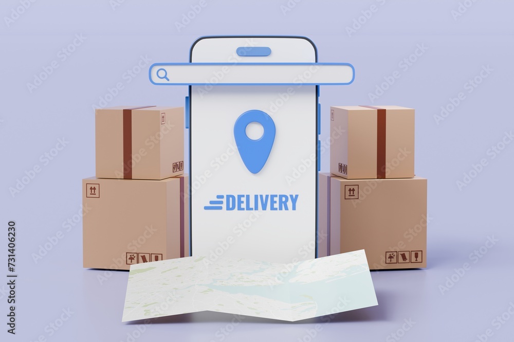 Fototapete 3d location map pin in smartphone and group of parcels box.gps and navigation symbol icon. logistic 