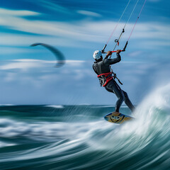 Kite Surfer Riding Waves in Dynamic Ocean Action Shot