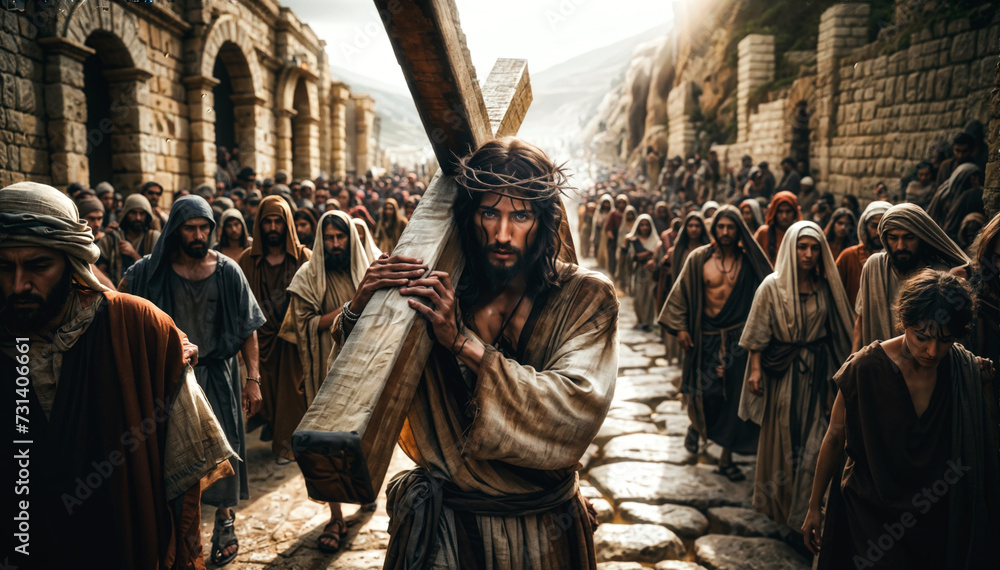 Wall mural jesus carrying a cross, surrounded by followers, in a dramatic scene - Wall murals