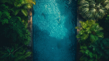 aerial drone view of a swimming pool in the jungle, top view above the swimming pool in the jungle...