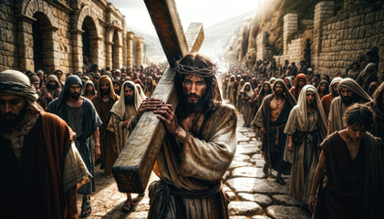Jesus carrying a cross, surrounded by followers, in a dramatic scene - obrazy, fototapety, plakaty