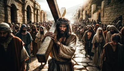 Foto op Plexiglas Jesus carrying a cross, surrounded by followers, in a dramatic scene © bluebeat76