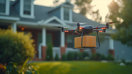drone delivering a package at a home outdoors, UAV drone delivery delivering a big brown post box package into urban city