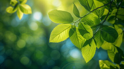 Fototapeta na wymiar Spring background, close up of green tree leaves on blurred background