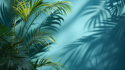 green palm shadow blue color wall background,, nature organic cosmetic products for sale shop...