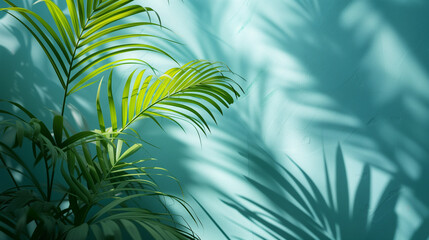 green palm shadow blue color texture pattern cement wall background,, nature organic cosmetic...