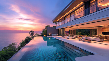 Fototapeta premium Modern house with a swimming pool, modern pool villa at the beach, luxury villa with tropical ocean