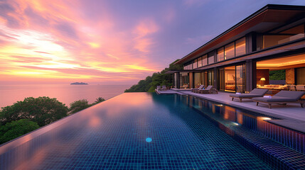 Modern house with a swimming pool, modern pool villa at the beach, luxury villa at sunset