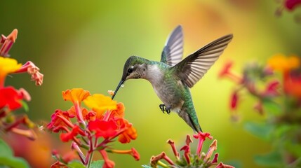 Naklejka premium Graceful hummingbird delicately sips nectar from a vibrant flower, mid-flight, Ai Generated.