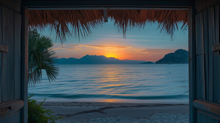Sunset wooden window ocean beach view 