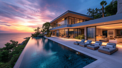 Modern house with a swimming pool, modern pool villa at the beach, luxury villa by the ocean at sunset - obrazy, fototapety, plakaty