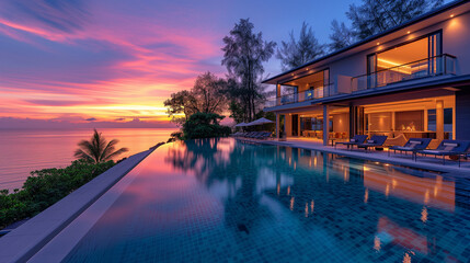 Fototapeta na wymiar Modern house with a swimming pool, modern pool villa at the beach, luxury villa with tropical ocean at sunset with a pink sky