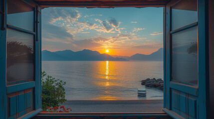 Sunset wooden window ocean beach view of Fethiye Turkey