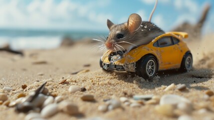 Fototapeta na wymiar Toy mouse enjoys a ride in a toy car, rolling through the sand with playful abandon, Ai Generated.
