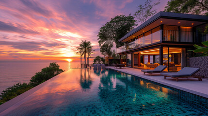 Fototapeta na wymiar Modern house with a swimming pool, modern pool villa at the beach, luxury villa