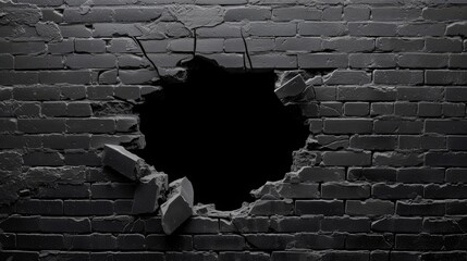 A striking visual: a hole punctuates a rugged black brick wall. Ai Generated. - obrazy, fototapety, plakaty