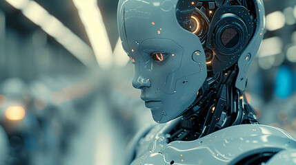 Close up of a AI robot working in a production factory, Android robot  at work