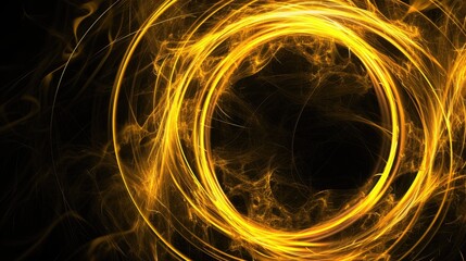 Yellow energy swirls in abstract circles against a deep black background. Ai Generated