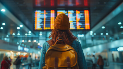 Obraz premium Travel airport excited woman with passport. travel ticket and documents looking at flight schedule. Backpack person with identity document at the airport