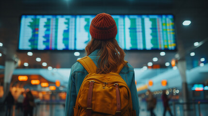 Obraz premium Travel airport excited woman with passport. travel ticket and documents looking at flight schedule. Backpack person with identity document at the airport