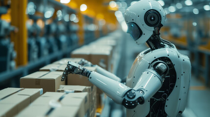 Fototapeta premium AI robot working in a production factory, Android robot at work, AI technology