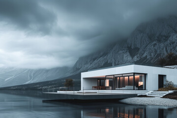 Modern white house under mountain view.