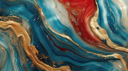 Mesmerizing waves of blue topaz, red ruby, and gold liquid create a luxurious wallpaper, Ai Generated.