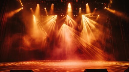 Multiple spotlights illuminate the stage, casting a captivating glow on the performance area. Dynamic, Ai Generated.