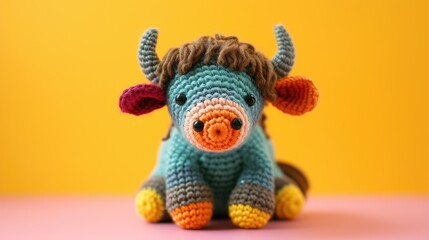Crocheted buffalo toy vibrant backdrop, handcrafted and adorable, Ai Generated