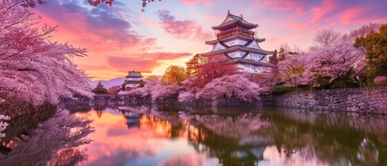 Cherry blossom trees frame a beautiful Japanese temple, creating a serene and enchanting scene, Ai Generated.