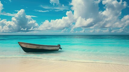 Fototapeta na wymiar A beautiful summer landscape showcases a tropical island with a boat in the ocean, Ai Generated.