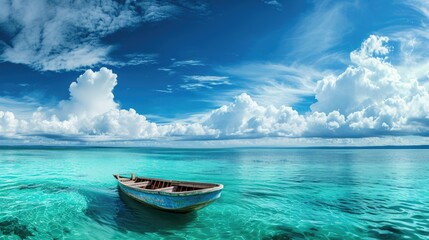 A boat in turquoise ocean water against a blue sky with white clouds near a tropical island, Ai Generated.