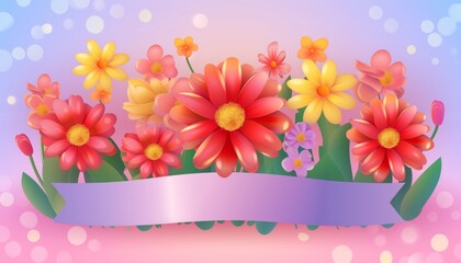 spring illustration with flowers and ribbon