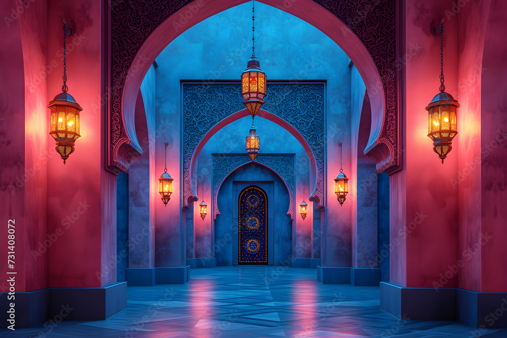 Poster abstract islamic interior with traditional lantern, gate, arches, and door, perfect for greeting car