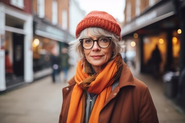 Portrait of senior woman with eyeglasses in the city.