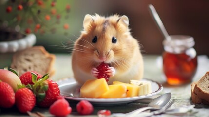 Adorable hamster nibbles on food from a plate, its tiny paws adding charm, Ai Generated.