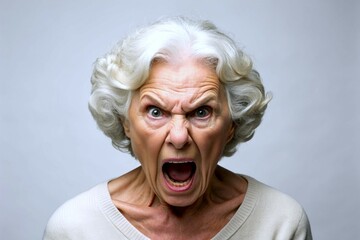  senior woman screaming looking at the camera