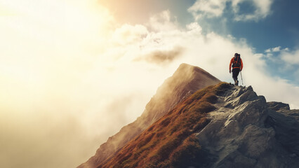Positive uplifting image of a man wearing a red jacket and a black backpack is hiking up a top of the foggy mountain with a stick symbolizing achievement, copy space, horizontal 16:9 - obrazy, fototapety, plakaty