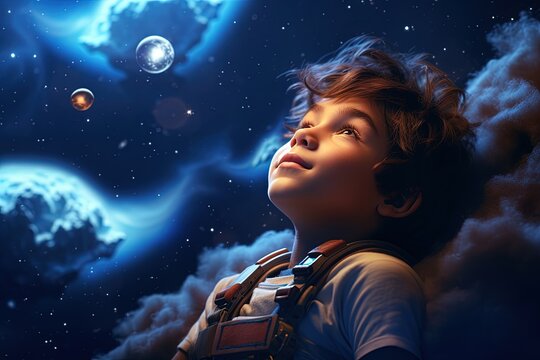 Kid dreaming of spaceflight on sky background