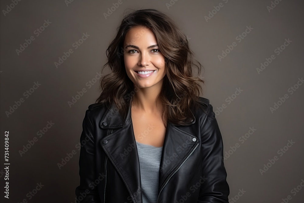 Wall mural Portrait of a beautiful smiling young woman in leather jacket on gray background