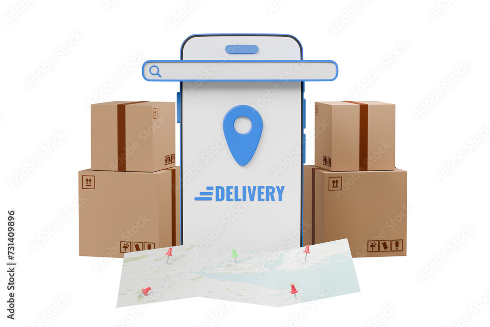 Fototapete 3d location map pin in smartphone and group of parcels box.gps and navigation symbol icon. logistic 