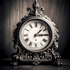 A black and white photo of an old clock.
