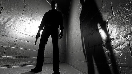 Man holding a weapon in a dimly lit room