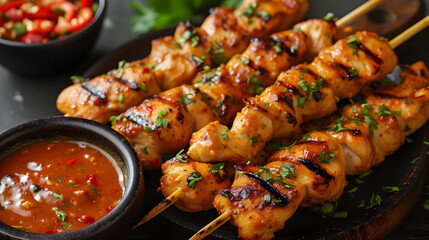 Indonesian chicken satay with peanut sauce, a traditional and savory appetizer from Asian cuisine, served on a skewer and grilled to perfection. - obrazy, fototapety, plakaty