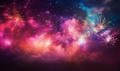 colorful fireworks over the night sky, city silhouette