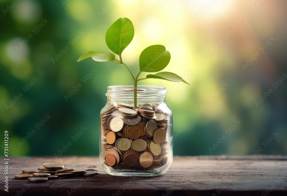 Poster a bottle containing coins with a plant growing on it with a blurred background in the morning. conce
