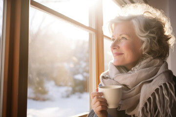 Frosty Beauty: Portrait of a Happy Caucasian Woman Drinking Hot Tea in Snowy Forest - obrazy, fototapety, plakaty